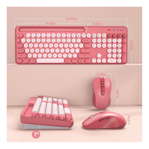 Combo De Teclado Y Mouse Inalámbricos, Teclado Retro Redondo Rosa.