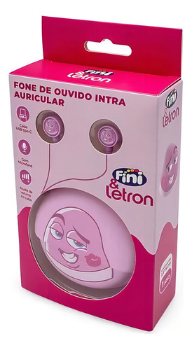 Fone De Ouvido Beijo Fini Intra-auricular Com Fio 1m Letron Cor Rosa