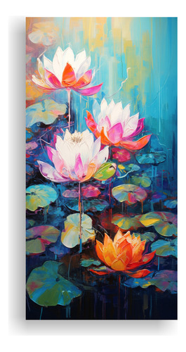 30x60cm Cuadro Lotus Vibrante En Relieve Sobre Lienzo Flores