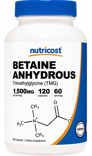 Betaína anidra Tmg 1.500 mg (120 cápsulas) Fabricada nos EUA com sabor sem sabor