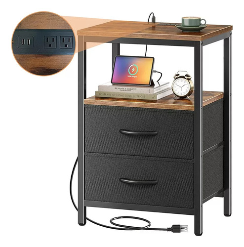Banna Mesilla De Noche Vintage De 60 Cm Estación De Carga Con 2 Tomas De Corriente Y 2 Puertos Usb Energía A Tu Alcance 4 Zonas De Almacenamiento Robusta Y Estable