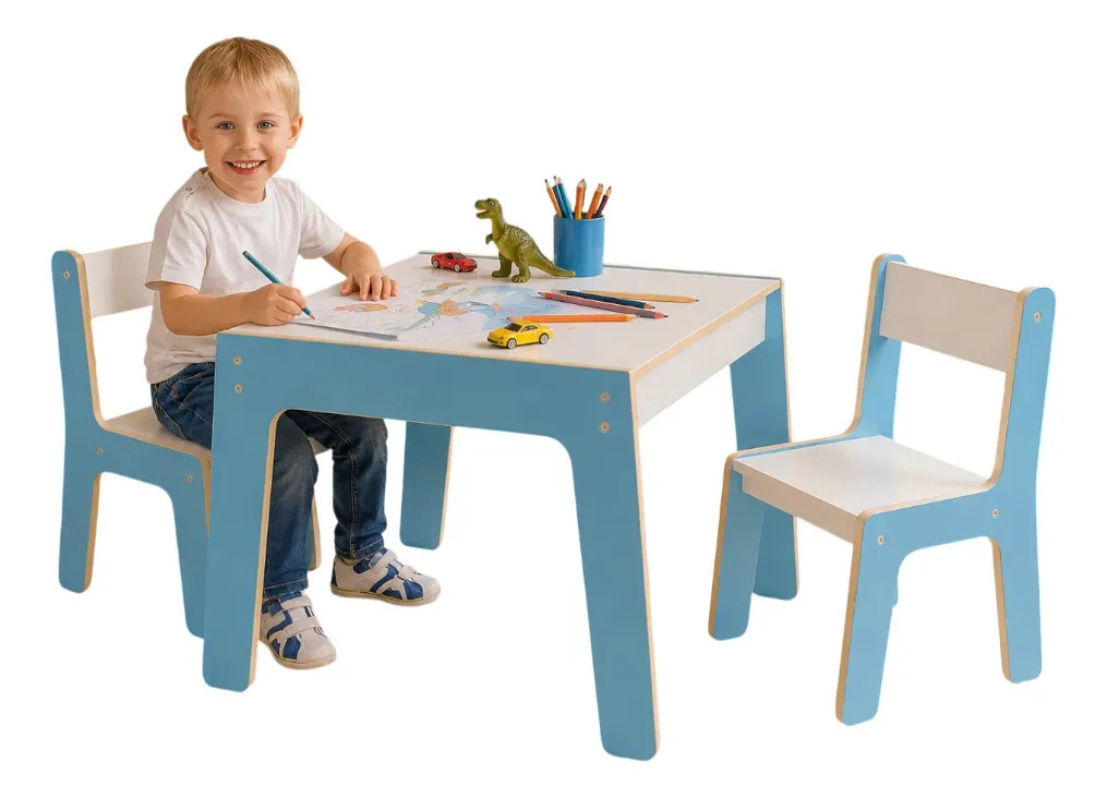 Kit Mesa Infantil 2 Cadeira Para Jogos E Estudos Brincadeira Azul