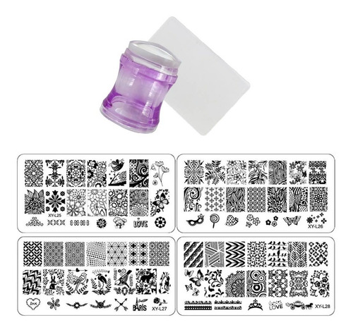 Kit Sello Estampador Uñas Grande + 4 Placas Acrílicas 