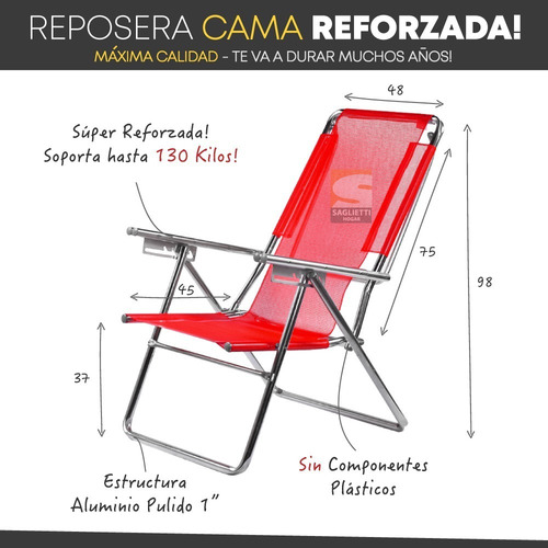 Imagen 4 de 10 de Reposera Cama Aluminio Brillante Alta Refozada 130 Kg Alumel