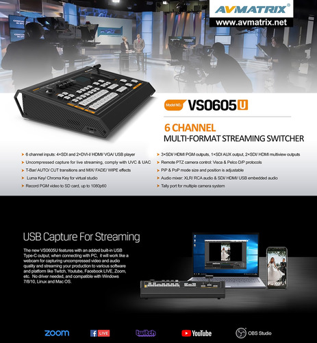 Avmatrix Vs0605 Switcher/mixer Video 6ch Sdi/hdmi Streaming