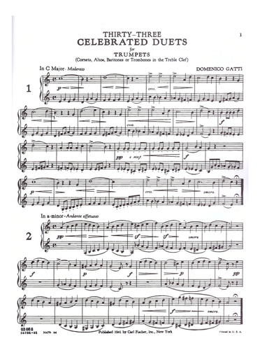 33 Duets For Trumpets.: 33 Duetos Para Trompeta., De Domenico Gatti. Carl Fischer Music Library Editorial Carl Fischer, Tapa Blanda, Primera Edición En Inglés, 1941