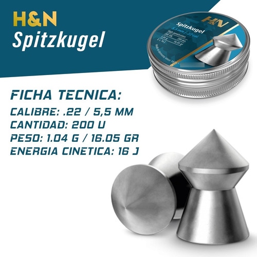 Imagen 2 de 10 de Balines H&n Spitzkugel 5,5 Mm X200 - Perforante Caza