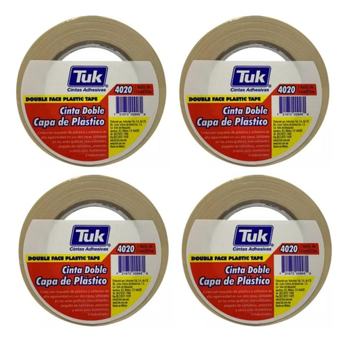 Cinta Adhesiva Doble Capa Tuk 4020 50m X 12mm - 4 Unidades
