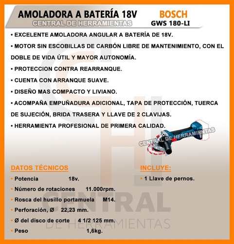 Amoladora Angular Inalambrica Bosch Gws180-li Madera 115m