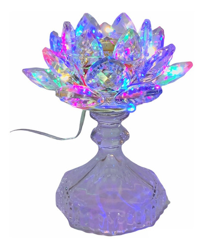 Flor De Loto Cristal Facetado Con Luz Multicolor Giratoria