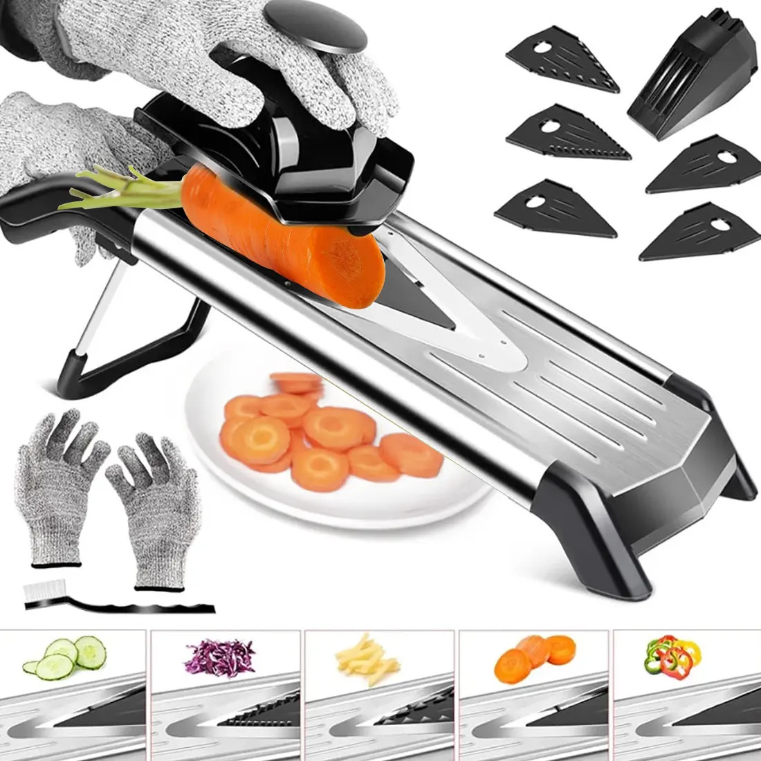 Mandoline Fatiador De Legumes Profissional Com 5 Lâminas De Inox | Multifuncional Para Cortar Batata, Cebola E Tomate - Luva De Segurança Inclusa Prateado