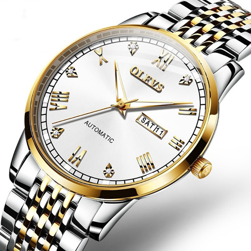 Reloj Automático Olevs Con Calendario De Negocios A Prueba D Color Del Fondo Silver Gold White
