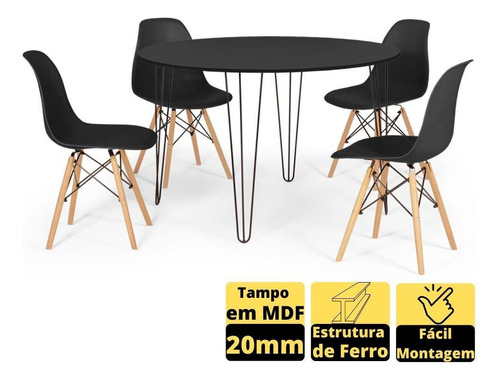 Mesa De Jantar Hairpin 120cm Preta + 4 Cadeiras Eames Eiffel Cor Preto