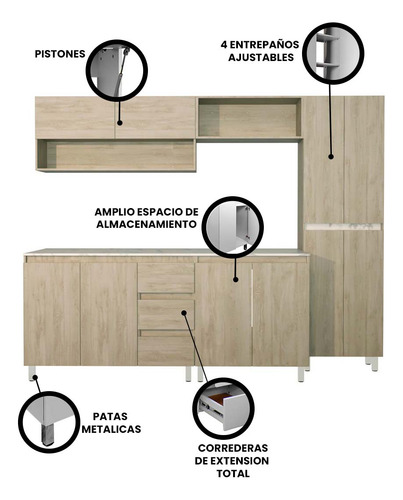 Cocina Integral Premium Decomobil Para Tarja Minimalista Color Encino Polar - Mármol Blanco