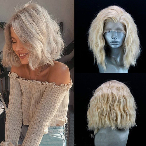 Wig Onda Corta Rubia Platino Peluca Frontal De Encaje