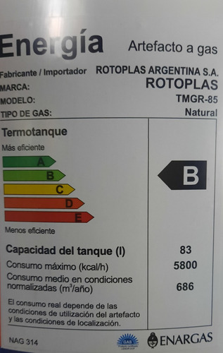 Termotanque Rotoplas 85 Litros Multigas Superior Pie Colgar