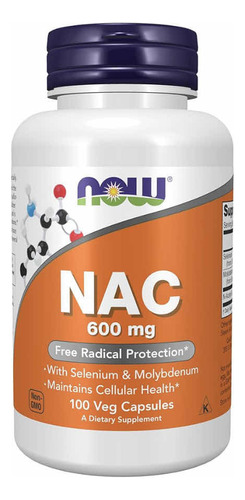 Now, Nac, N-acetyl Cysteine 600mg, Selenio Molibdeno, 100cap Sabor Sin Sabor