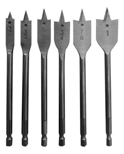 Broca Mecha Plana Madera 6pc 3/8 - 1/2 - 5/8 - 3/4 - 7/8 - 1