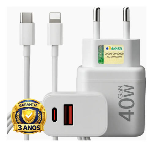 Carregador Turbo 40w Compativel Com iPhone 8 X Xr 11 12 13 14 Pro Max Usb Tipo C Duplo