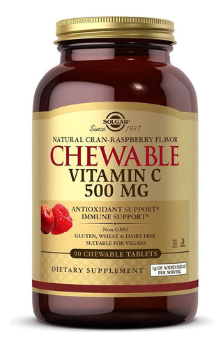 Vitamina C 500 Mg Chewable Solgar 90 Tabletas Masticables Sabor Frambuesa