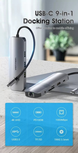 Hub Usb Multipuerto Vention - 9 En 1 - Usb C A Hdmi + Rj45 + 3 Puertos Usb 3.0 + Lector De Tarjetas Sd Tf+ Aux 3.5 + Pd 100w Usb C - 4k - Carcasa Aluminio - 15 Cm - Para Pc / Mac / Laptop - Tolhb