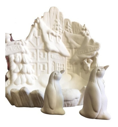 Villa Decorativa, Navideña Con Pinguinos, De Ceramica, Blanc