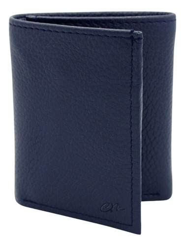 Cartera Hombre Piel Triple Compacta Tela Grabado Láser Azul