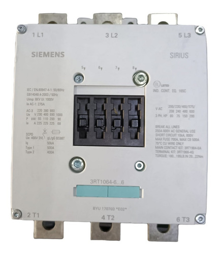 Contactor Siemens 3rt1064-6 225a, 690vac Bobina 440v