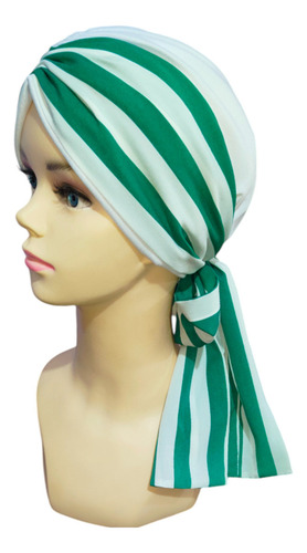 Turbante Oncológico Para Mujer De Algodón C/ Banda Mascada Color Blanco Rayas Verdes