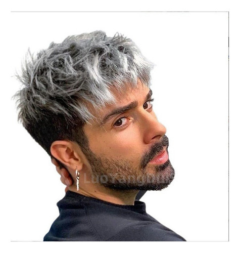 Peluca Hombre Corta Gris Plata Degradado Color Gradient Silver Gray