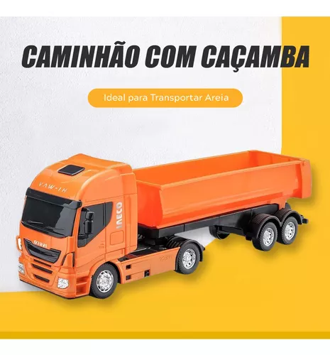 Caminhão de brinquedo basculante caçamba laranja e trator pa carregadeira 