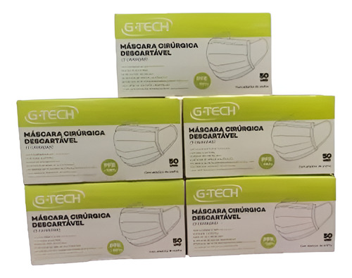 Kit 5 Mascara Cirurgica G-tech 50 Unidades Por Caixa Cor Azul Desenho Do Tecido Liso