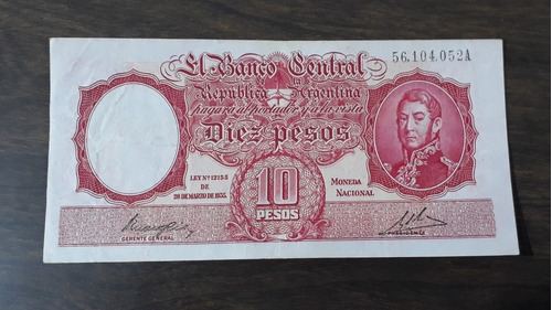 Bottero N 1934, Billete 10 Pesos Moneda Nacional.  Muy Lindo