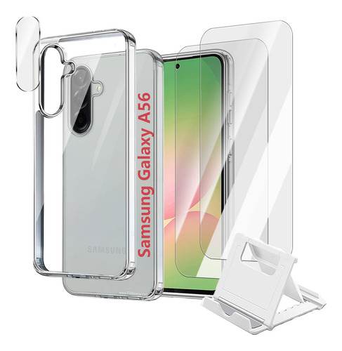 5 Kit Funda Transparente Para Samsung Galaxy A56 5G con 2 Protector Pantalla y Protector Lente Cámara y Soporte,Carcasa Trasera Protectora Transparente,Antiamarilleo TPU + PC,Bumper Shock-Absorción
