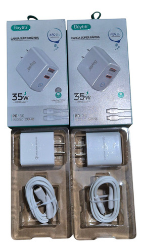 2 Pzs Cargador 2 En 1 Usb, Tipo C 35w Para Samsung Y Iphone Blanco