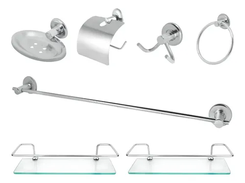 Kit Acessórios ​Banheiro Inox Lavabo Conjunto +2porta Shampoo Prateado