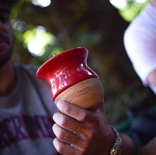 Mate Chaco De Cerámica Y Madera + Bombilla Inox + Funda Color Rojo