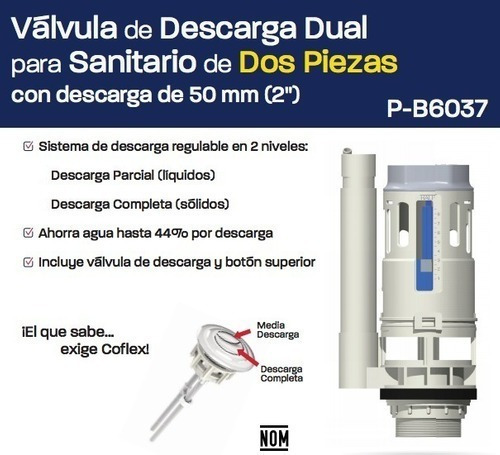 Imagen 2 de 2 de Válvula Descarga Dual 2'' Wc Dos Piezas Pb-6037 Coflex