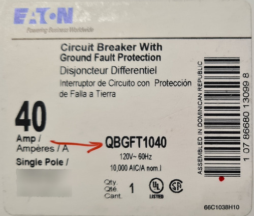 Disyuntor Eaton Qbgft1040 Falla A Tierra 40 Amp.