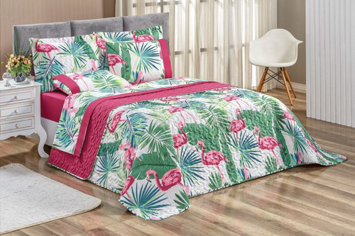 Kit Cobre Leito Para Cama Casal Padrão 3 Peças Dupla Face Cor Flamingo