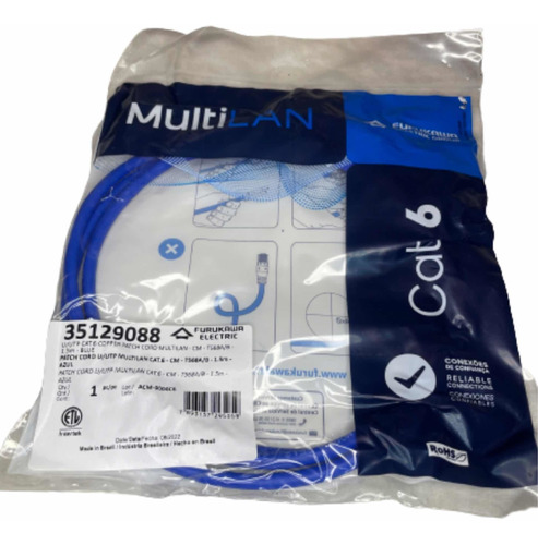 Patch Cord Cat6 Azul Multilan 1,5 Mtrs Furukawa Kit 10 Peças