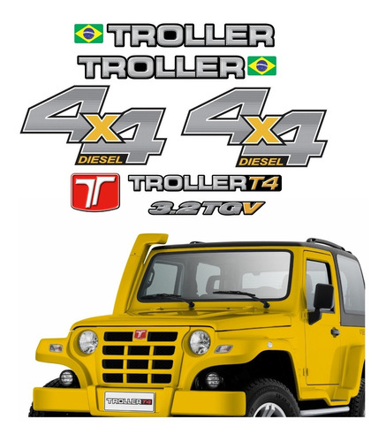 Kit Adesivos Emblema Troller T4 3.2 Tgv 4x4 Diesel 2014 Completo Carro Amarelo 3.2tgv Trl13