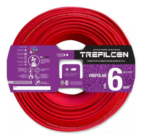 Cable Unipolar 6mm Trefilcon Rojo X 100 Metros