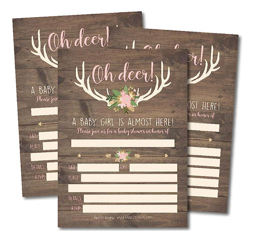 ~? 25 Oh Deer Baby Shower Invitations, Pink Rustic Sprinkle 