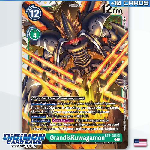 Grandis Kuwagamon Bt9-055 Digimon Card Game + 10 Cartas