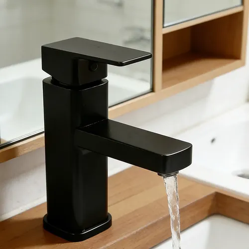 Torneira monocomando preta fosca instalada em bancada de madeira com água corrente