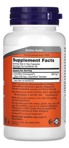 L Carnitina Now Foods 250mg 60veg Capsulas Sabor Sem Sabor