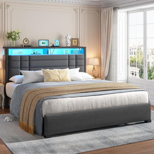 Base De Cama Matromial Con Estacion De Carga Y Luz Led Gris Gris