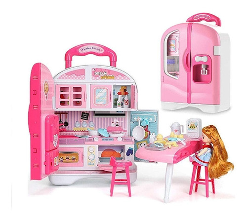 Casita Casa De Muñecas Valija Heladera Cocina + Muñeca