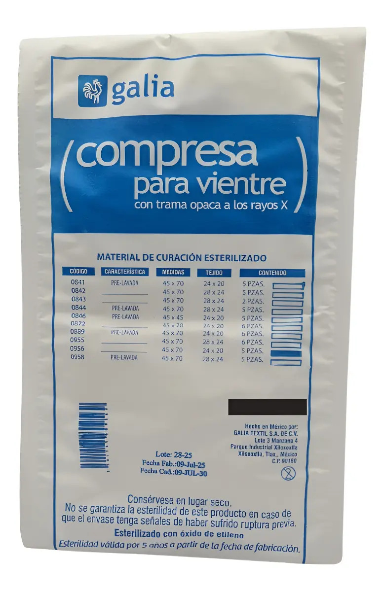 Compresa Quirurgica 45x70 Galia Esteril C/5 Piezas Blanco